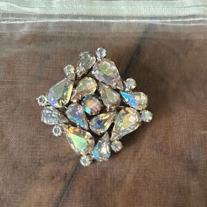 Elegant Vintage Aurora Borealis Silver Crystal Brooch